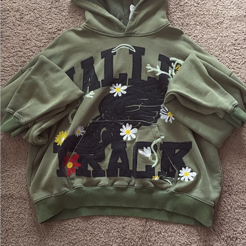 Green Hoodie with Floral Embroidery